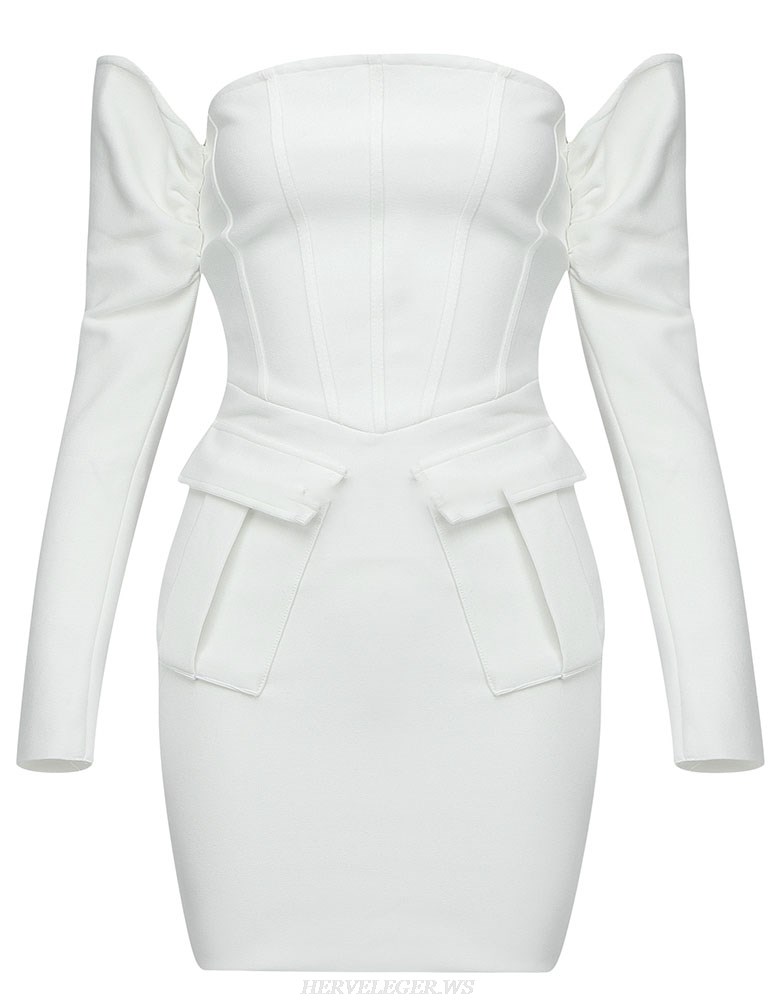 Herve Leger White Long Sleeve Structured Bardot Dress