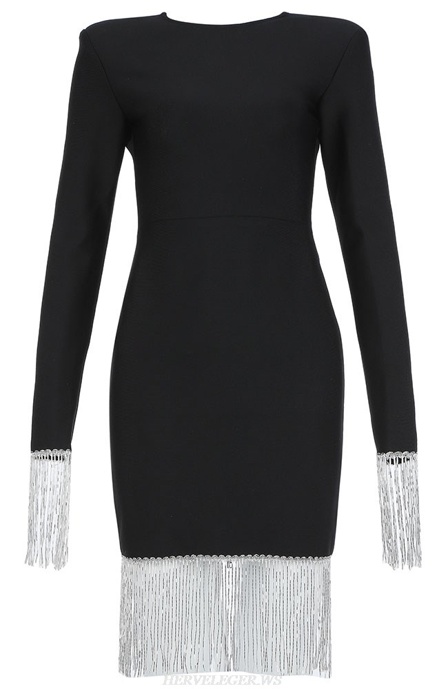 Herve Leger Black Long Sleeve Tassel Detail Dress