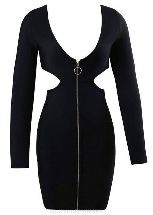 Herve Leger Black Long Sleeve Zipper Dress