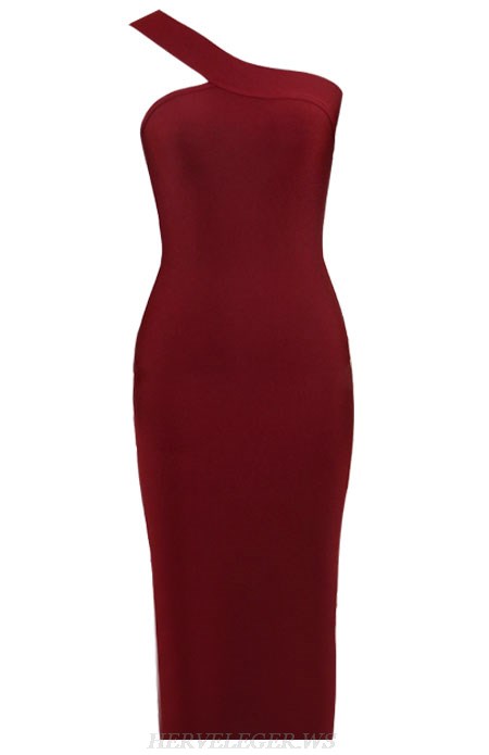 Herve Leger Burgundy One Shoulder Asymmetric Dress