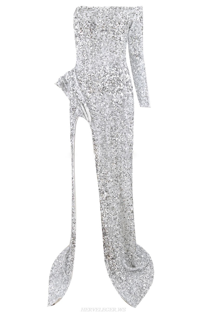 Herve Leger Silver One Sleeve Bardot Sequin Gown