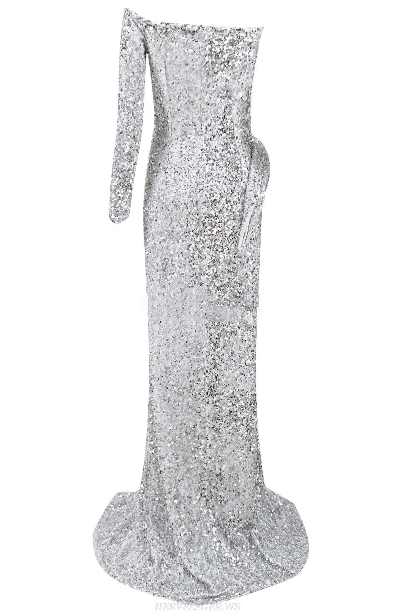 Herve Leger Silver One Sleeve Bardot Sequin Gown