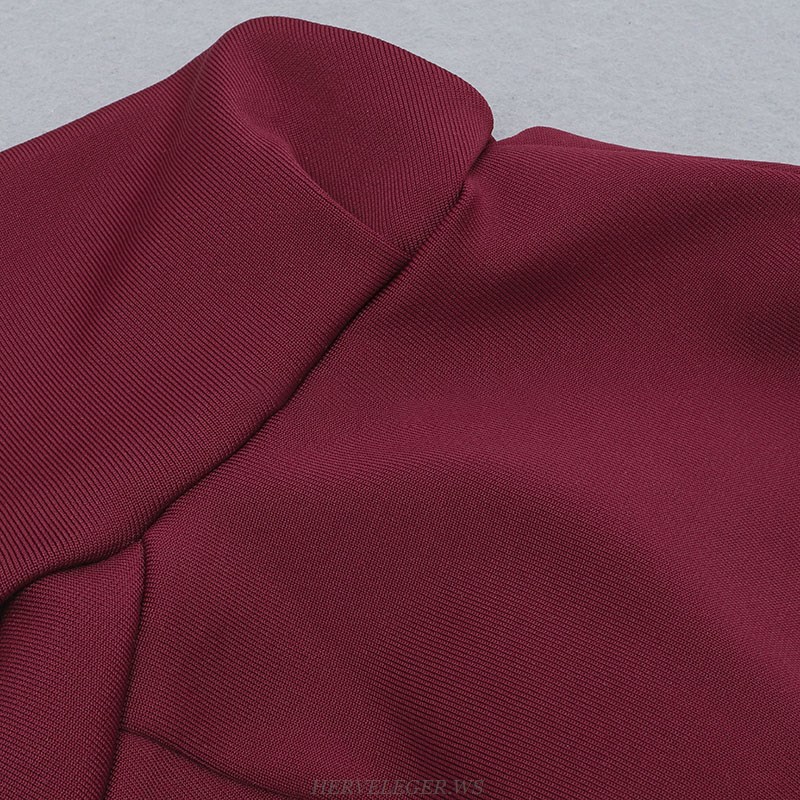 Herve Leger Burgundy One Sleeve Frill Detail Dress