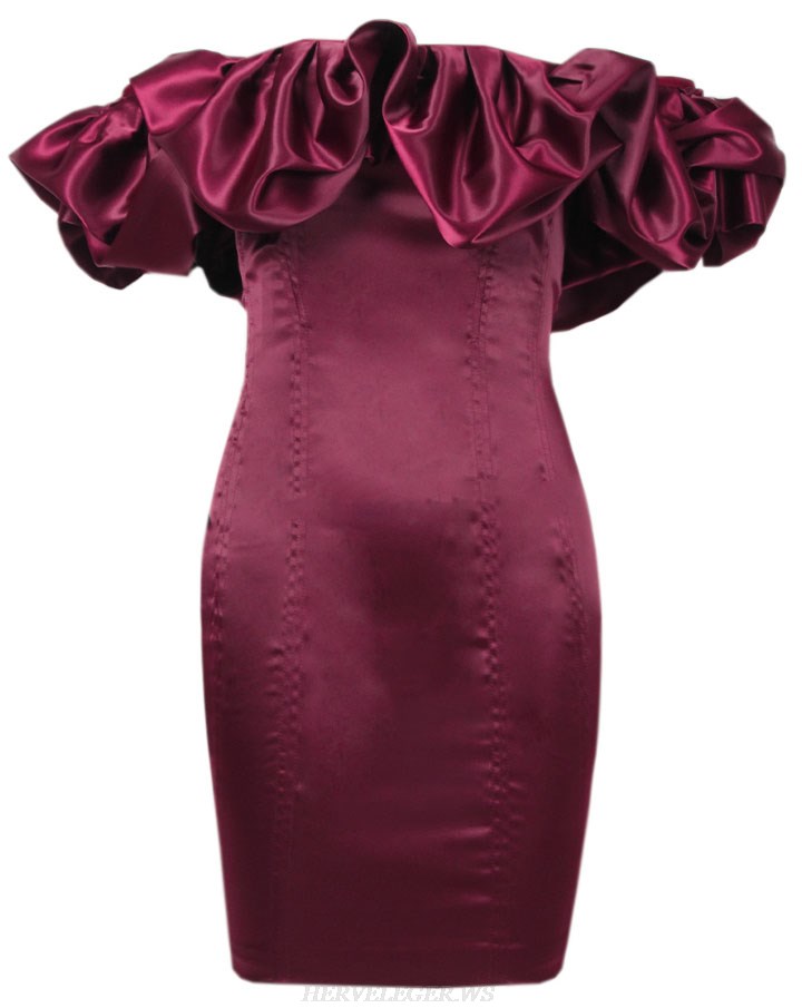 Herve Leger Burgundy Puff Bardot Satin Dress