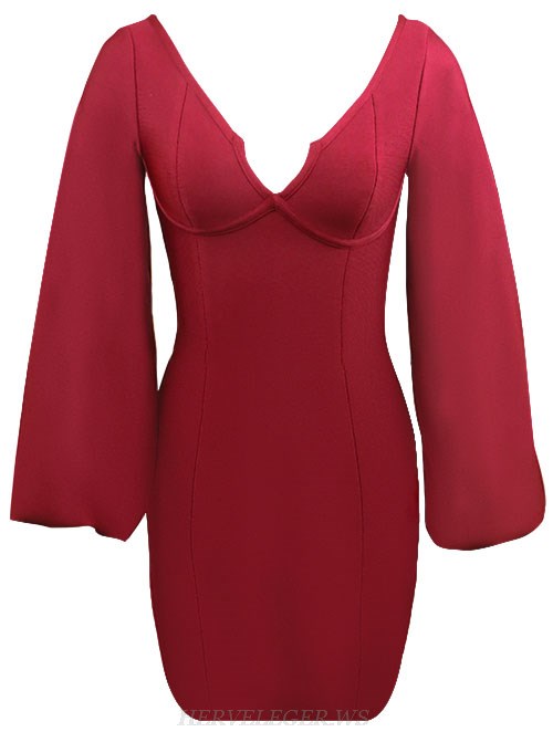 Herve Leger Burgundy Puff Sleeve Bustier Dress