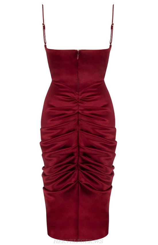 Herve Leger Burgundy Ruched Satin Dress