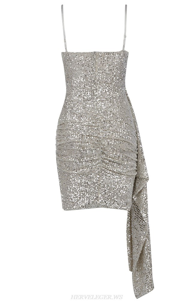 Herve Leger Silver Ruched Sequin Dress