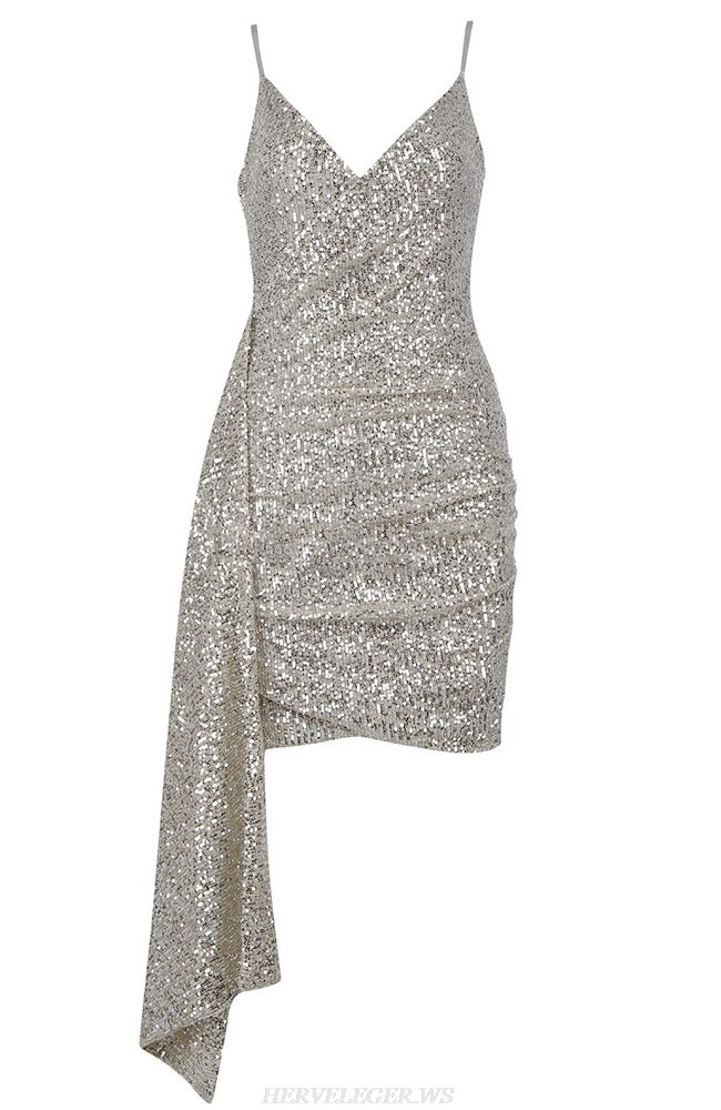 Herve Leger Silver Ruched Sequin Dress