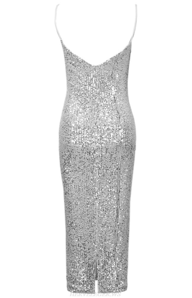 Herve Leger Silver Sequin Backless Dress