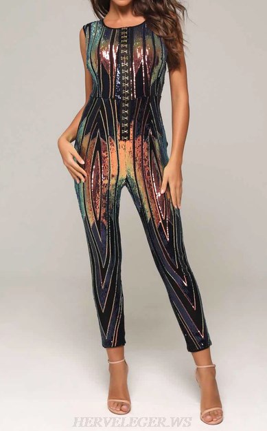 Herve Leger Rainbow Sequin Jumpsuit