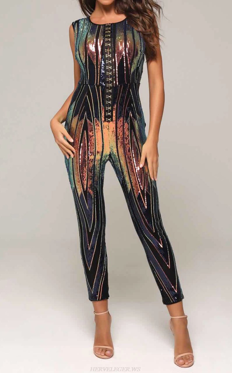 Herve Leger Rainbow Sequin Jumpsuit 