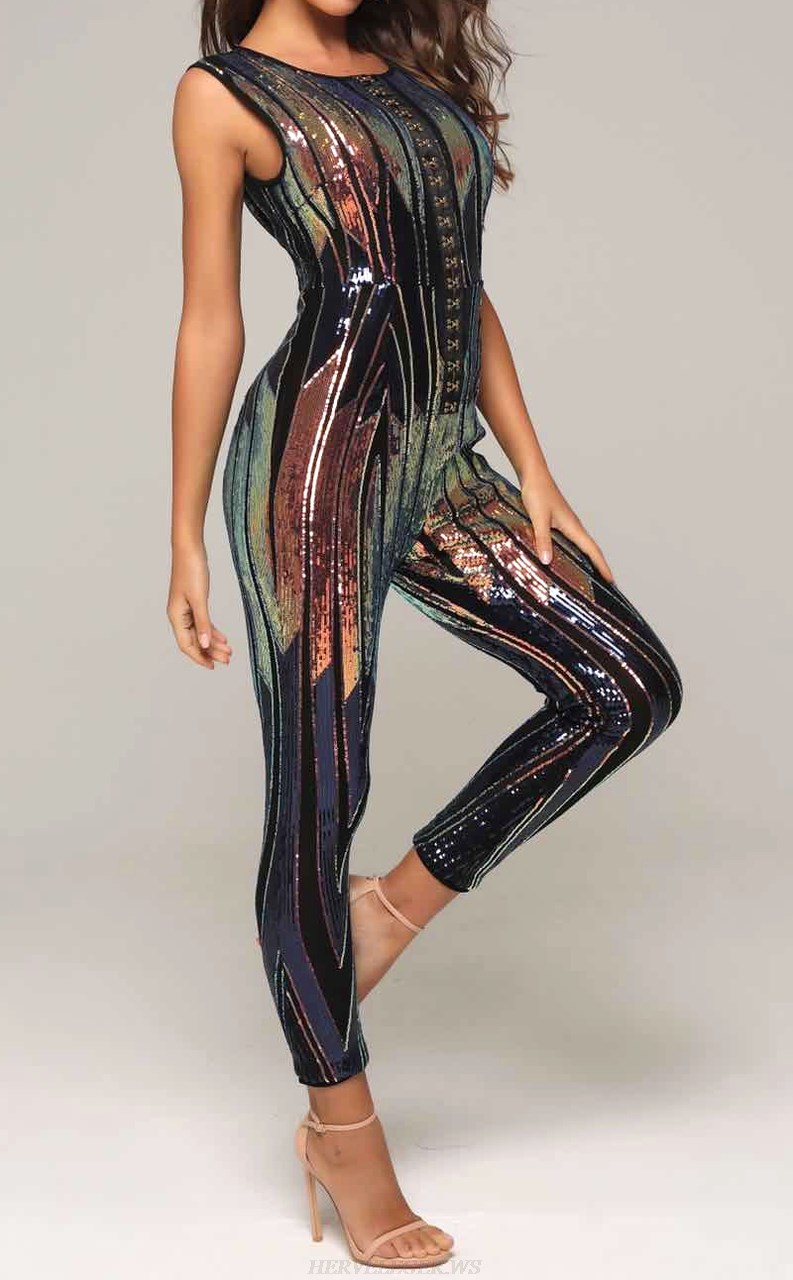 Herve Leger Rainbow Sequin Jumpsuit 