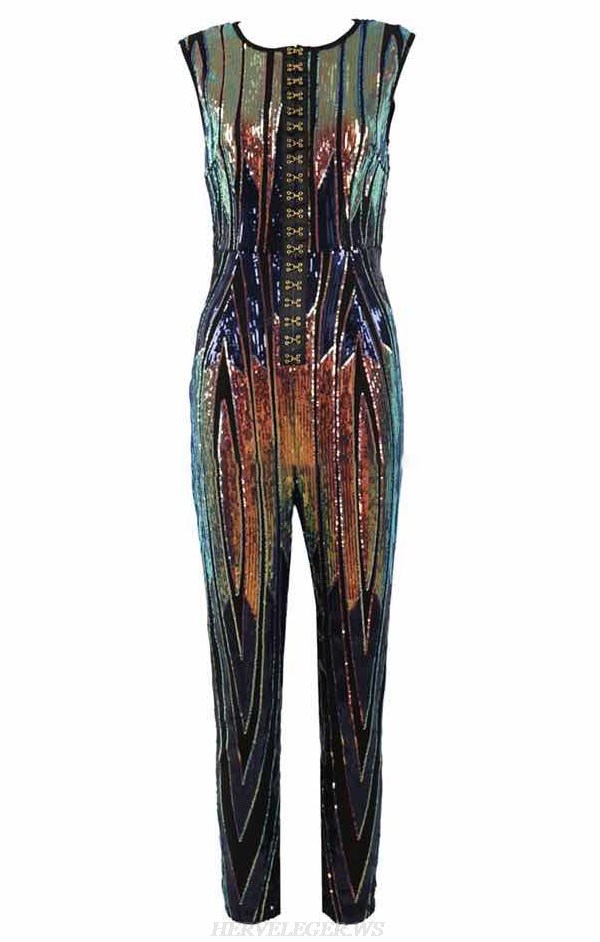 Herve Leger Rainbow Sequin Jumpsuit 