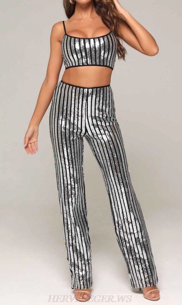 Herve Leger Silver Sequin Two Piece Jumpsuit