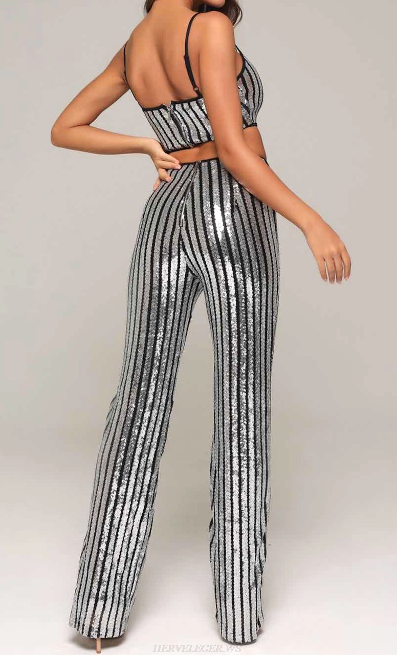 Herve Leger Silver Sequin Two Piece Jumpsuit 