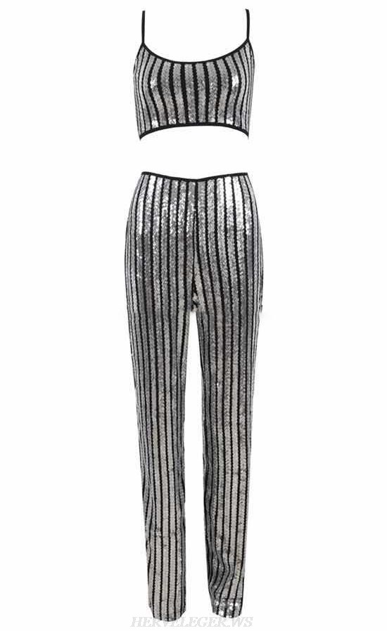 Herve Leger Silver Sequin Two Piece Jumpsuit 