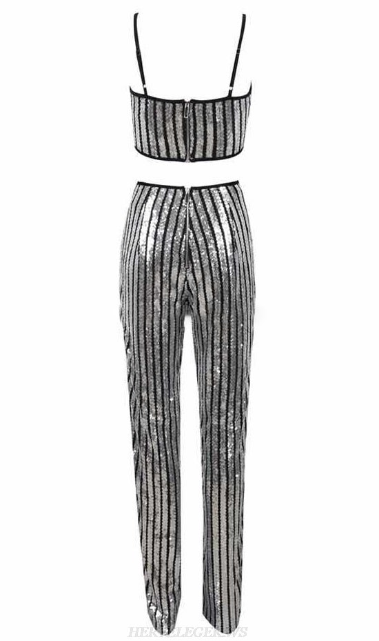 Herve Leger Silver Sequin Two Piece Jumpsuit 