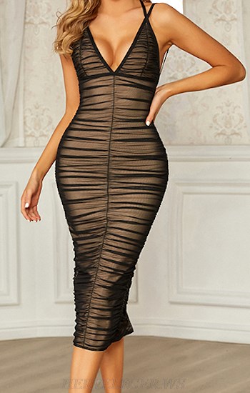 Herve Leger Black Strappy Ruched Mesh Dress