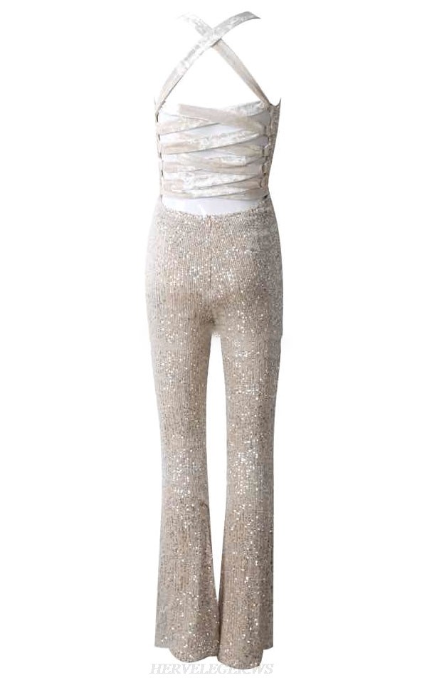 Herve Leger Silver Strappy Sequin Jumpsuit 