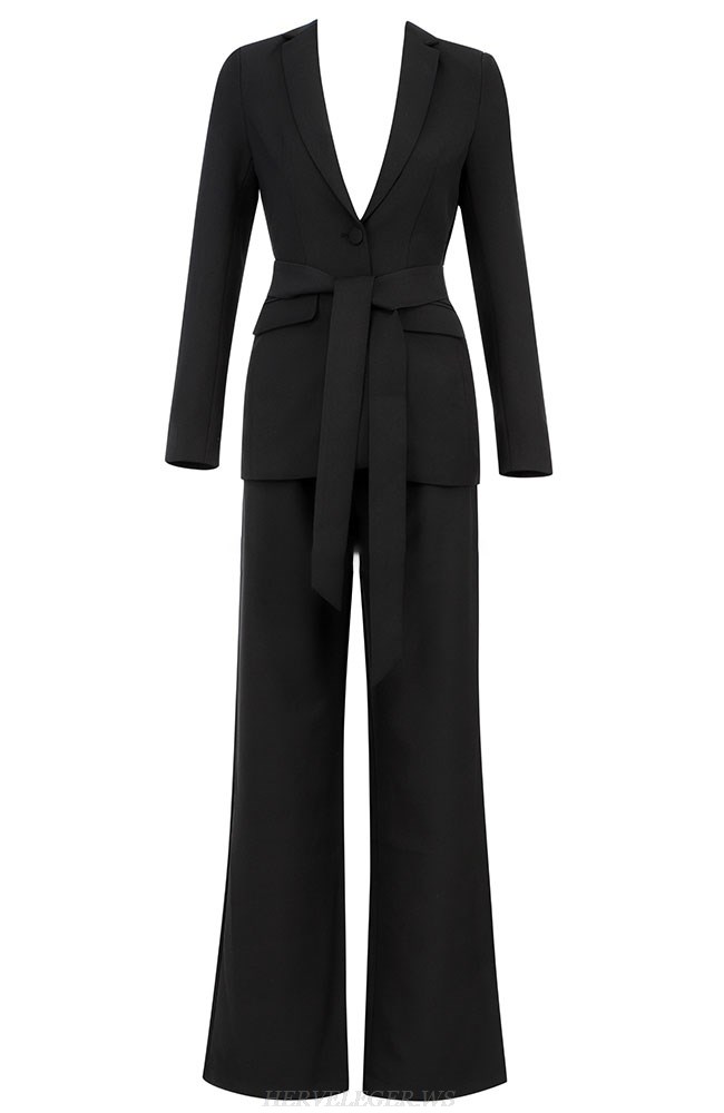 Herve Leger Black Tie Belt Suit