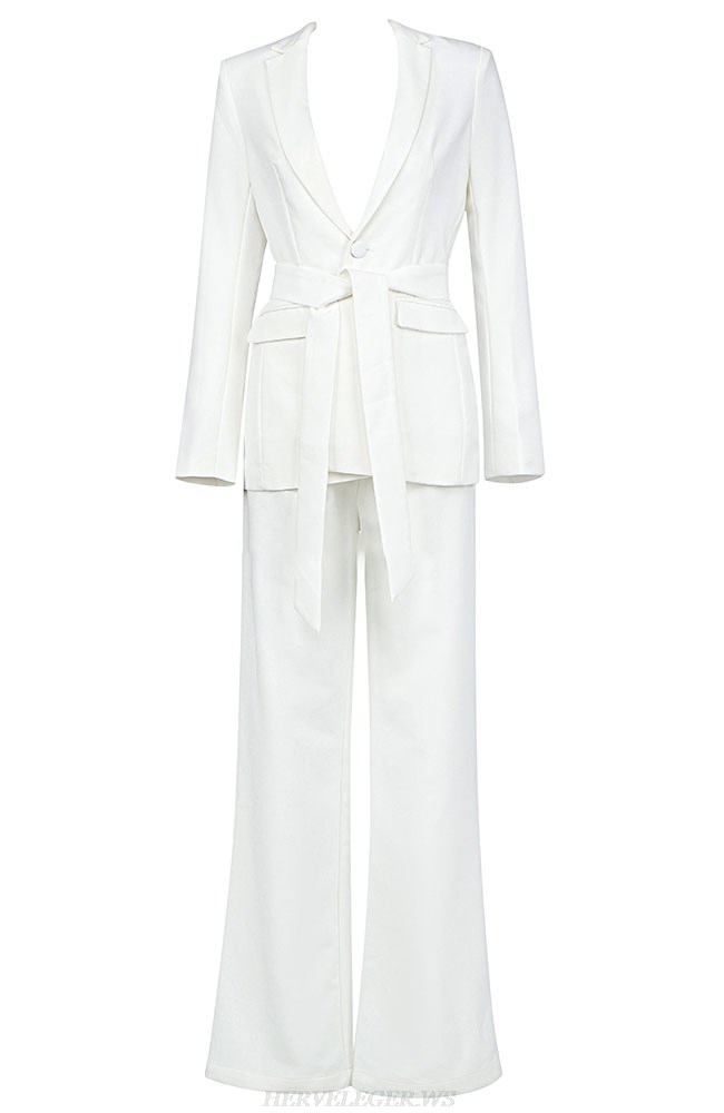 Herve Leger White Tie Belt Suit