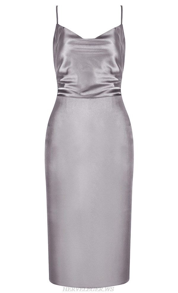 Herve Leger Silver Backless Satin Dress