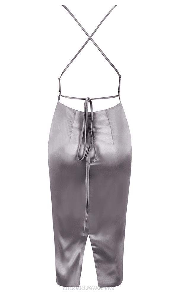 Herve Leger Silver Backless Satin Dress