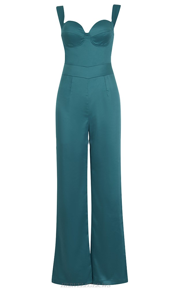 Herve Leger Teal Bustier Detail Silk Jumpsuit