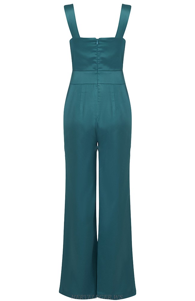 Herve Leger Teal Bustier Detail Silk Jumpsuit