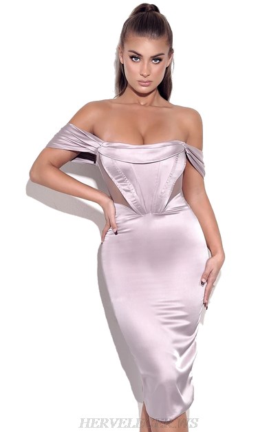 Herve Leger Draped Bardot Satin Dress