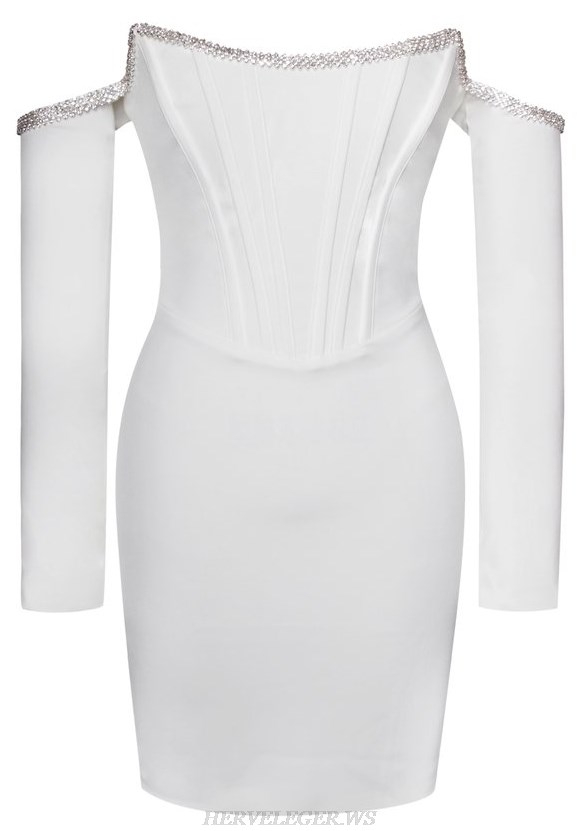 Herve Leger White Embellished Long Sleeve Bardot Corset Dress