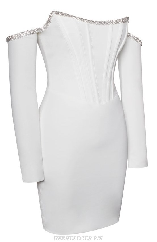 Herve Leger White Embellished Long Sleeve Bardot Corset Dress