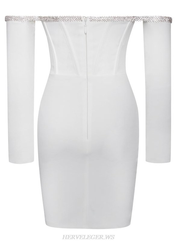 Herve Leger White Embellished Long Sleeve Bardot Corset Dress