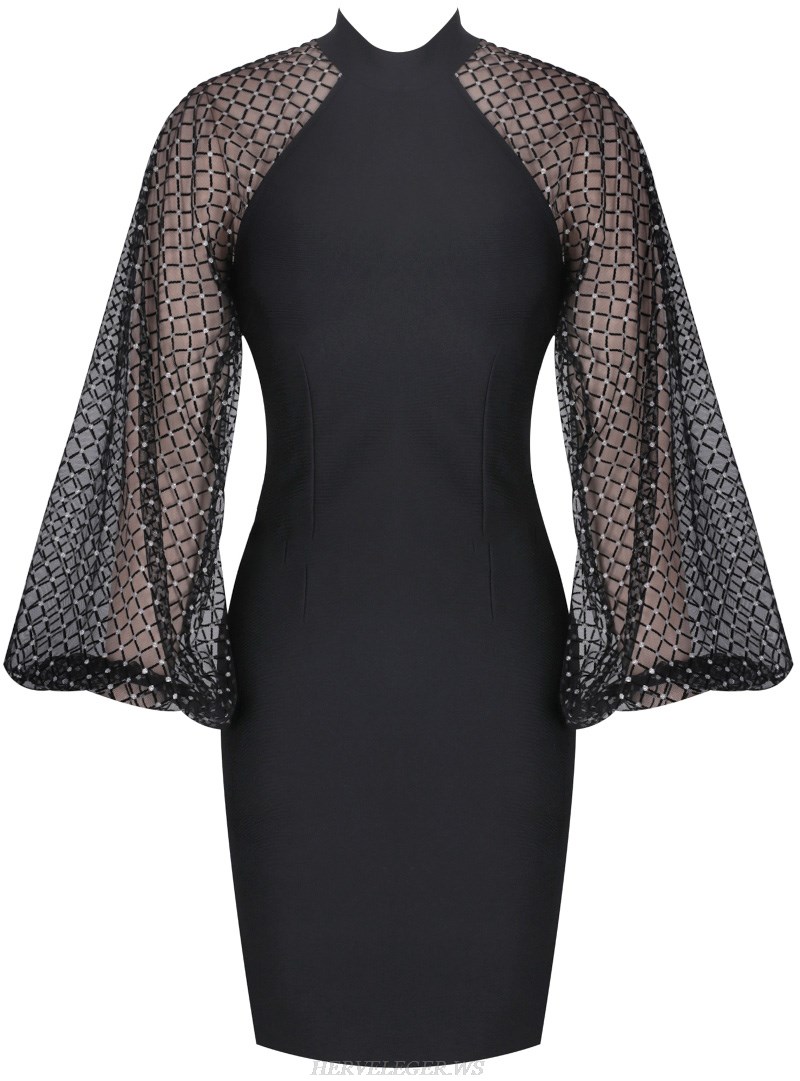 Herve Leger Black Embellished Puff Sleeve Dress