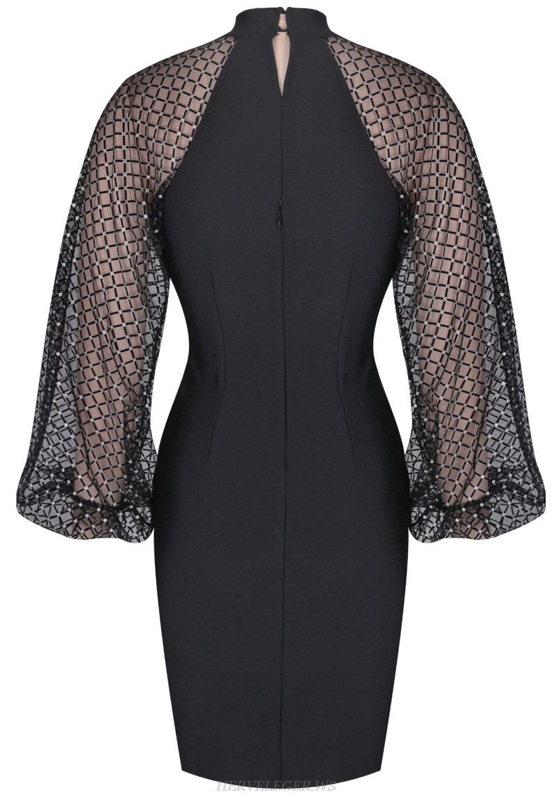 Herve Leger Black Embellished Puff Sleeve Dress