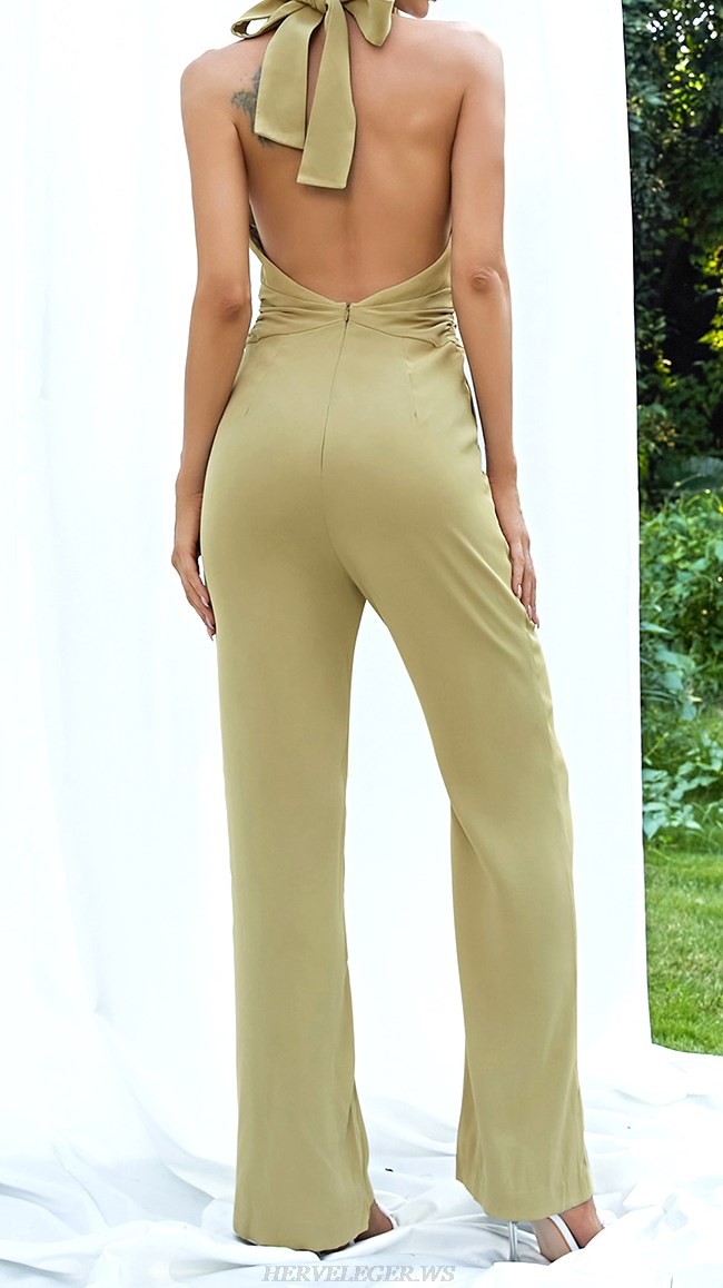 Herve Leger Khaki Halter Backless Jumpsuit