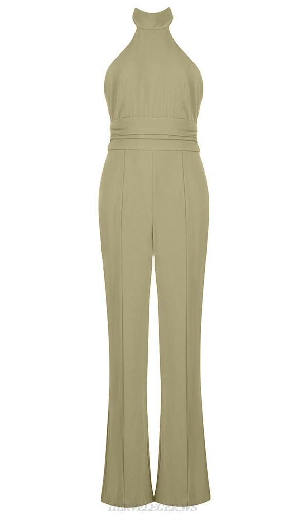 Herve Leger Khaki Halter Backless Jumpsuit