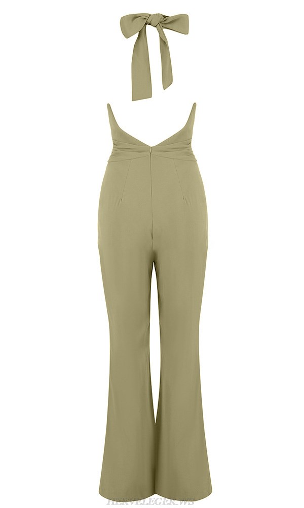 Herve Leger Khaki Halter Backless Jumpsuit