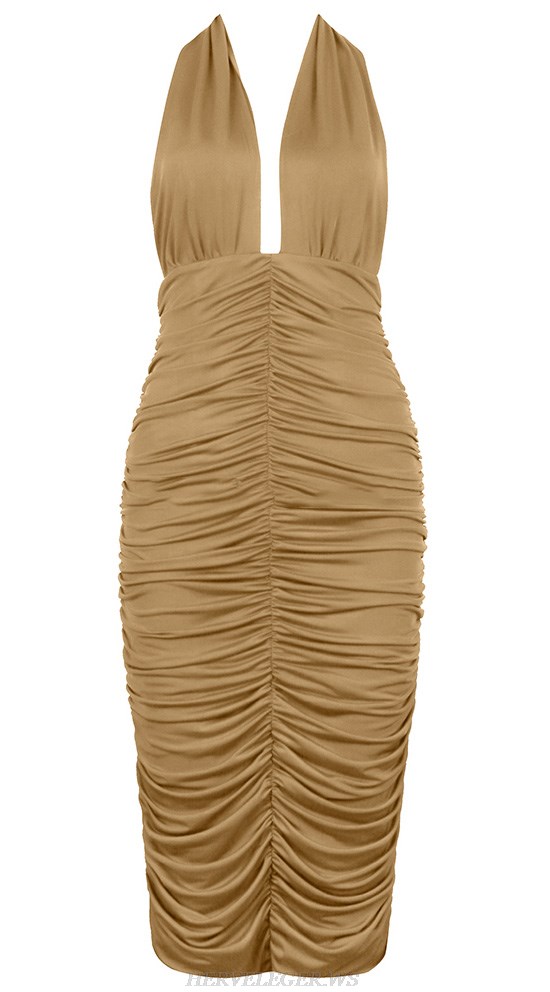 Herve Leger Nude Halter Ruched Dress