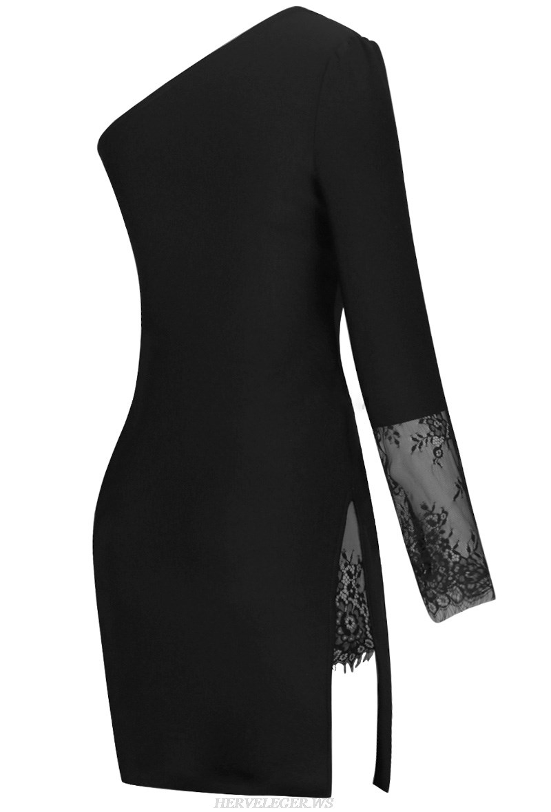 Herve Leger Black Lace One Sleeve Dress