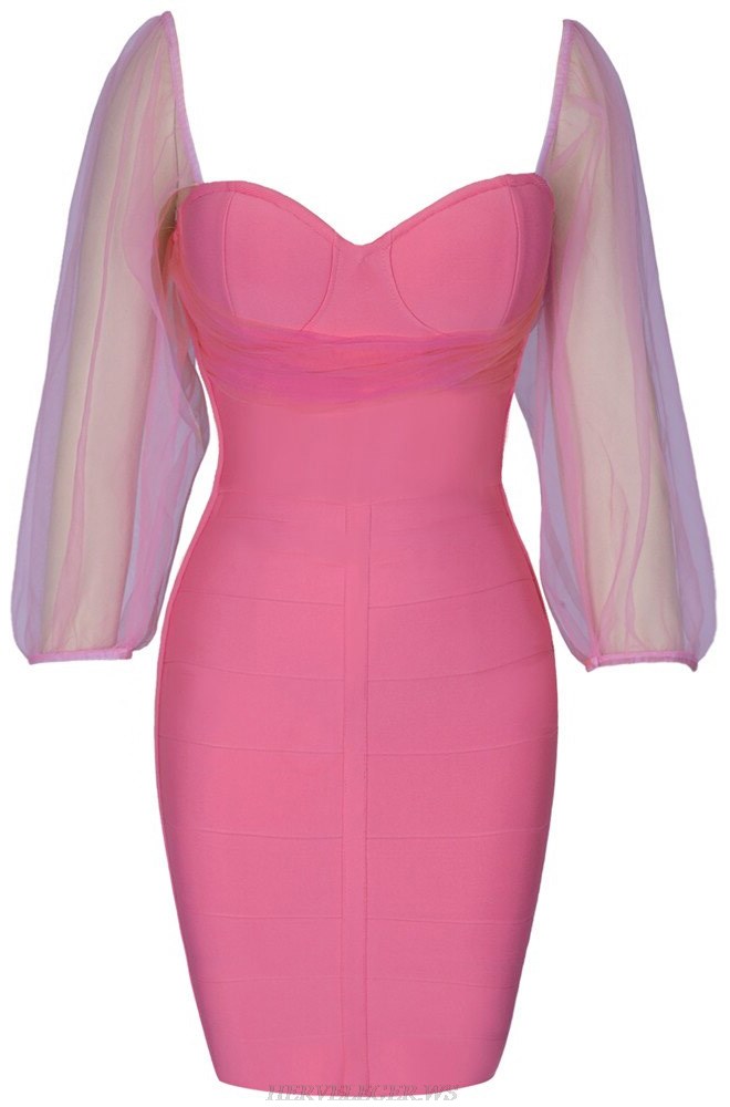 Herve Leger Pink Mesh Puff Sleeve Bustier Dress