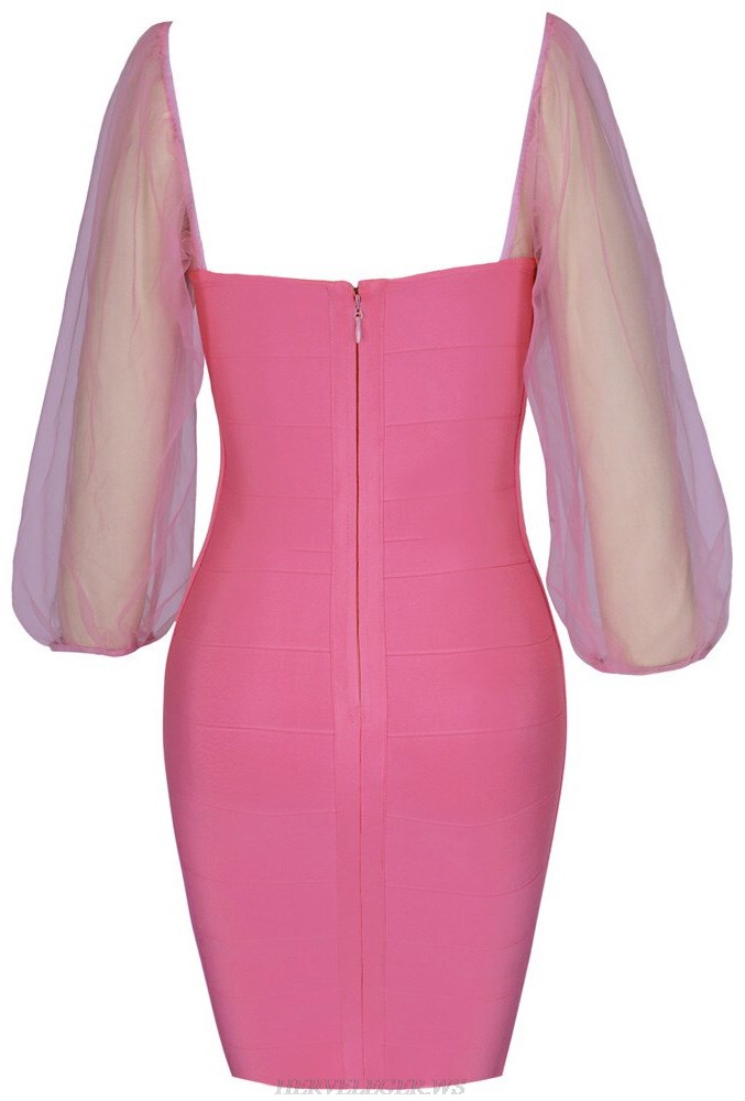 Herve Leger Pink Mesh Puff Sleeve Bustier Dress