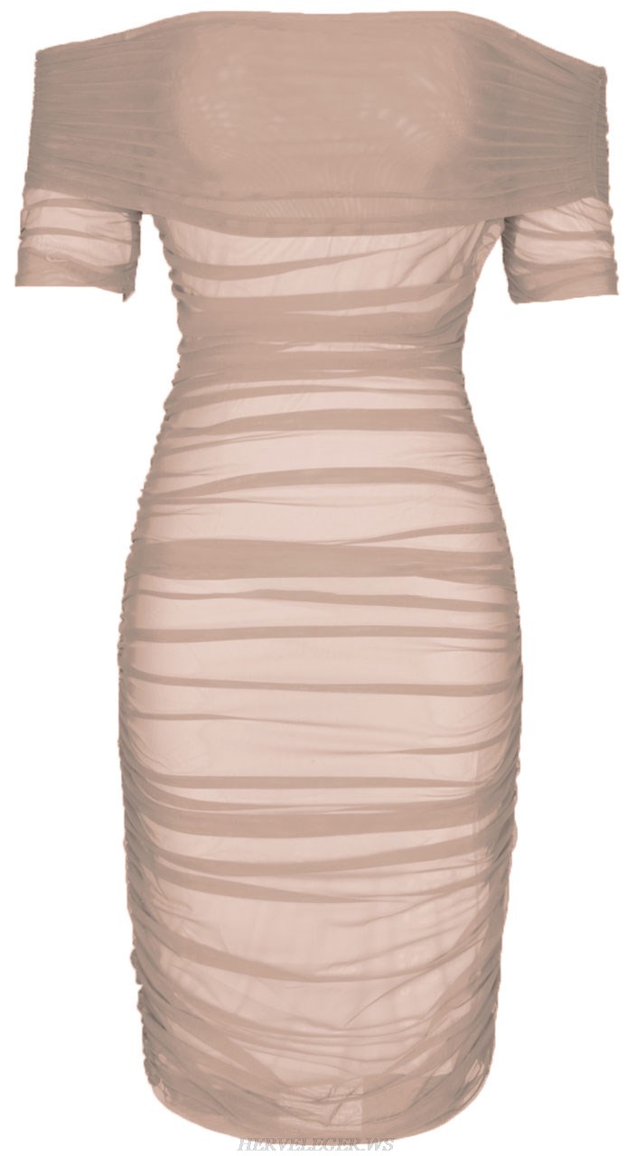 Herve Leger Nude Off The Shoulder Draped Mesh Dress