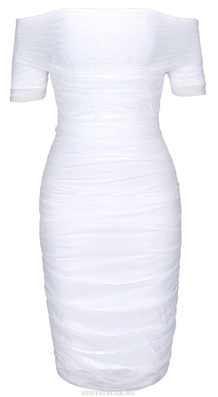 Herve Leger White Off The Shoulder Draped Mesh Dress