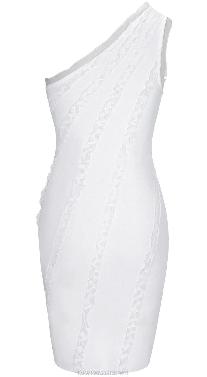 Herve Leger White One Shoulder Ruffle Detail Dress