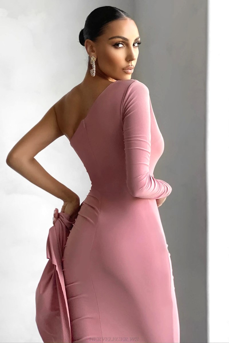 Herve Leger Pink One Sleeve Ruffle Ruched Dress