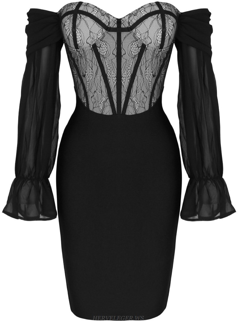 Herve Leger Black Puff Sleeve Bardot Lace Bustier Dress