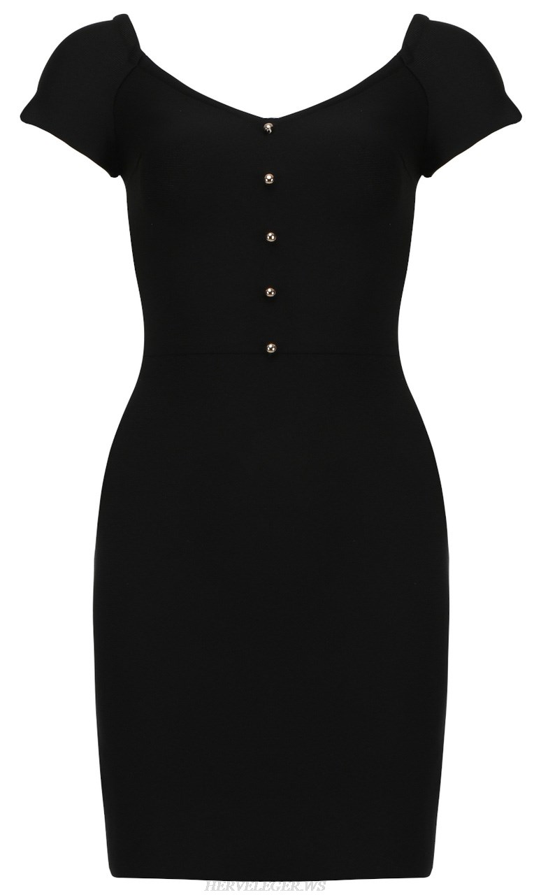 Herve Leger Black Short Sleeve Bardot Dress