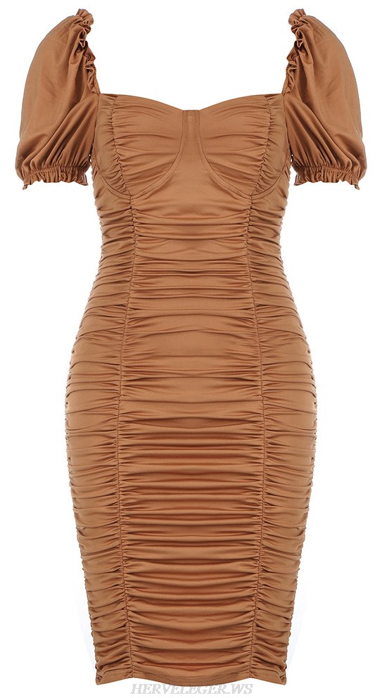 Herve Leger Brown Short Sleeve Ruched Dress