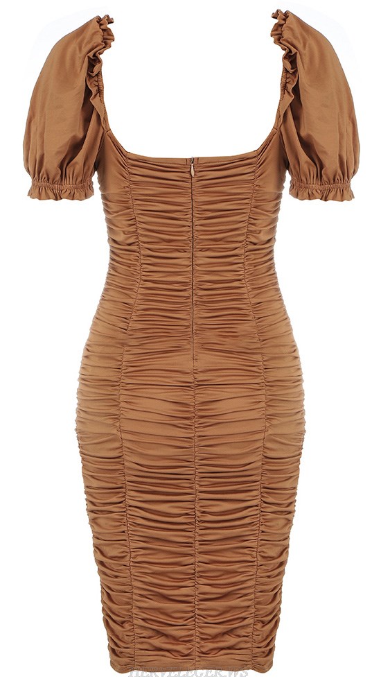 Herve Leger Brown Short Sleeve Ruched Dress